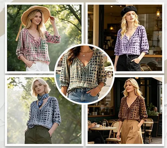 Orlyna - Blusa Com Laços E Padrão De Bolinhas Com Decote Em V