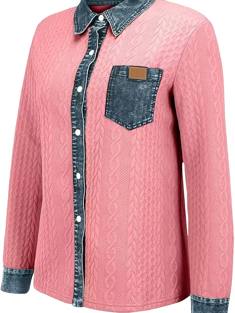 Eryna - Camisa de Manga Comprida em Malha Trançada Com Gola em Ganga