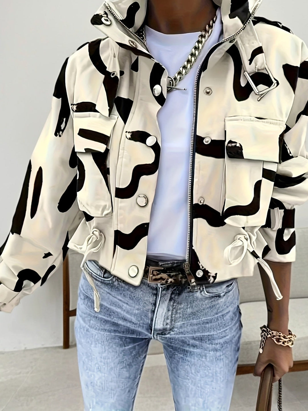 Fredely - Multi-Pocket Drawstring Waist Jacket