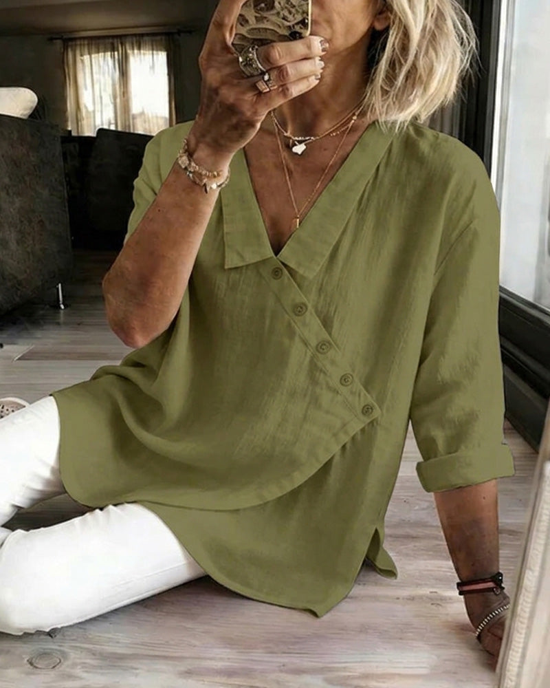 Ritienne - Blusa Confortável Com Gola E Botão Assimétrico