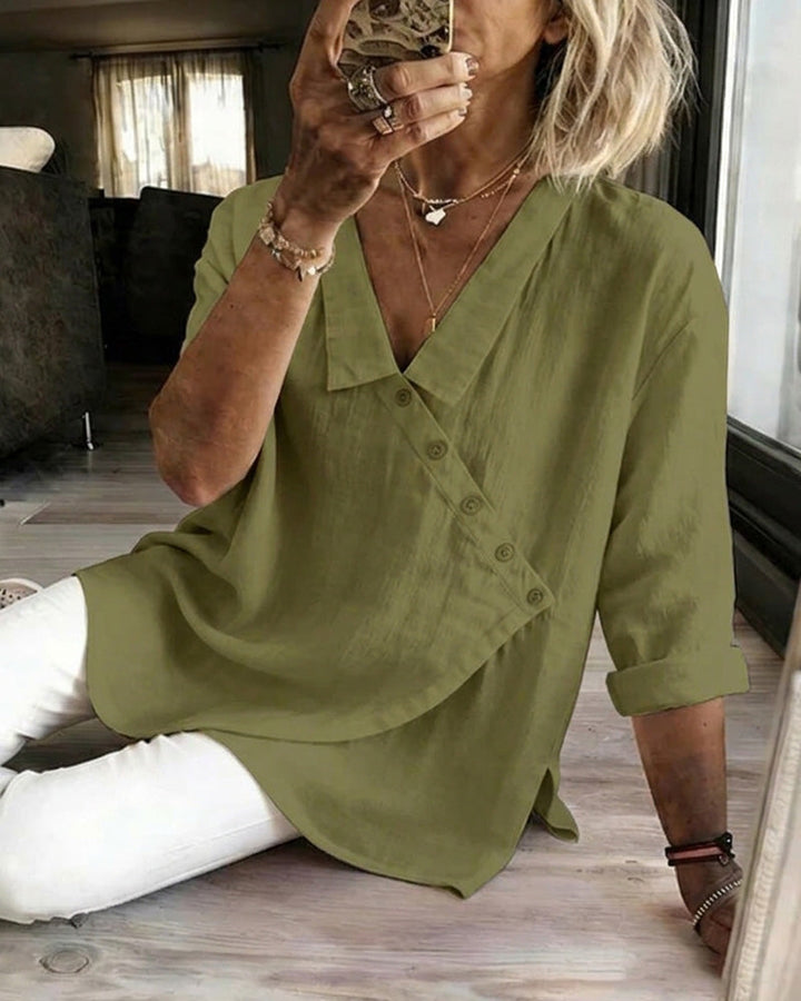 Ritienne - Blusa Confortável Com Gola E Botão Assimétrico