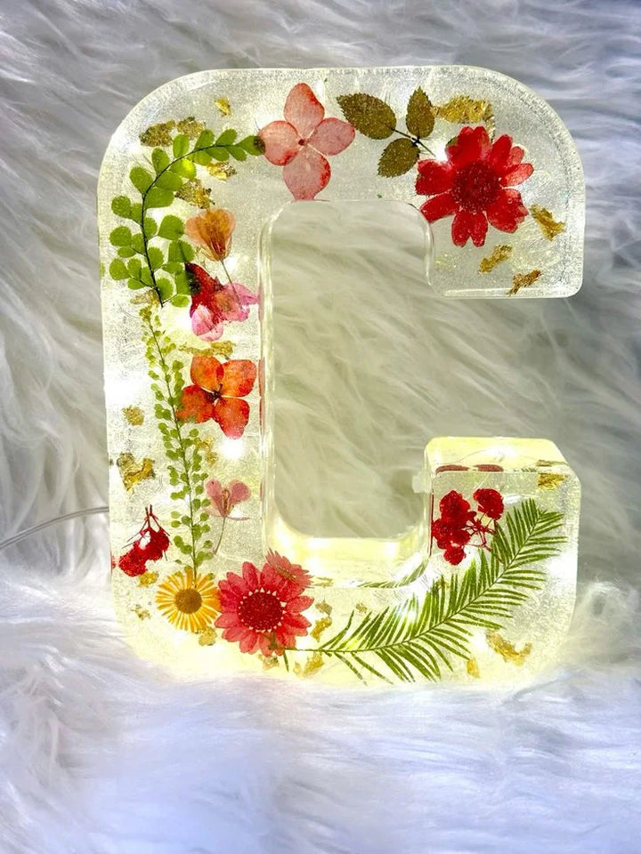 FloraShine - Candeeiro Noturno Artesanal em Resina Com Flores