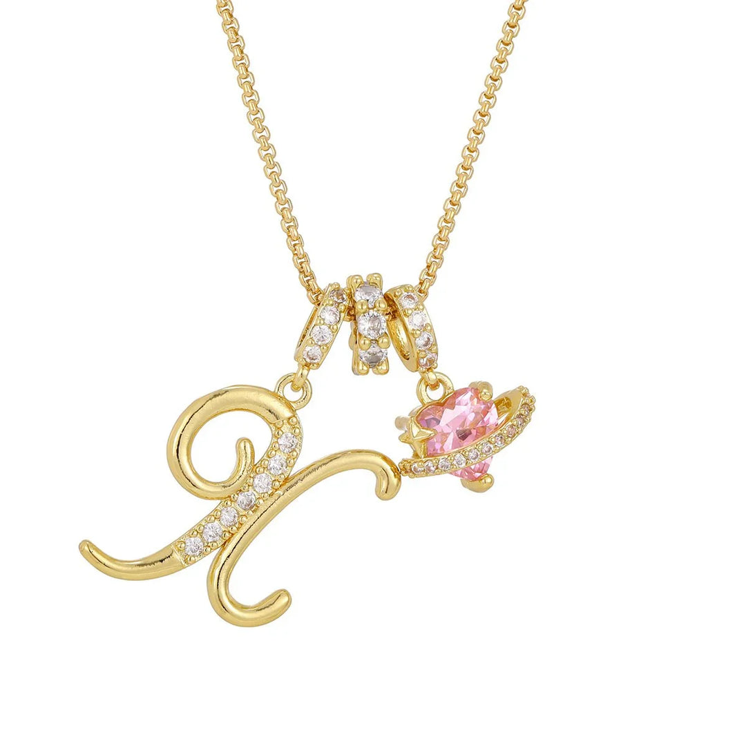 Nerute - Colar Com Inicial e Pingente em Forma de Coração Rosa