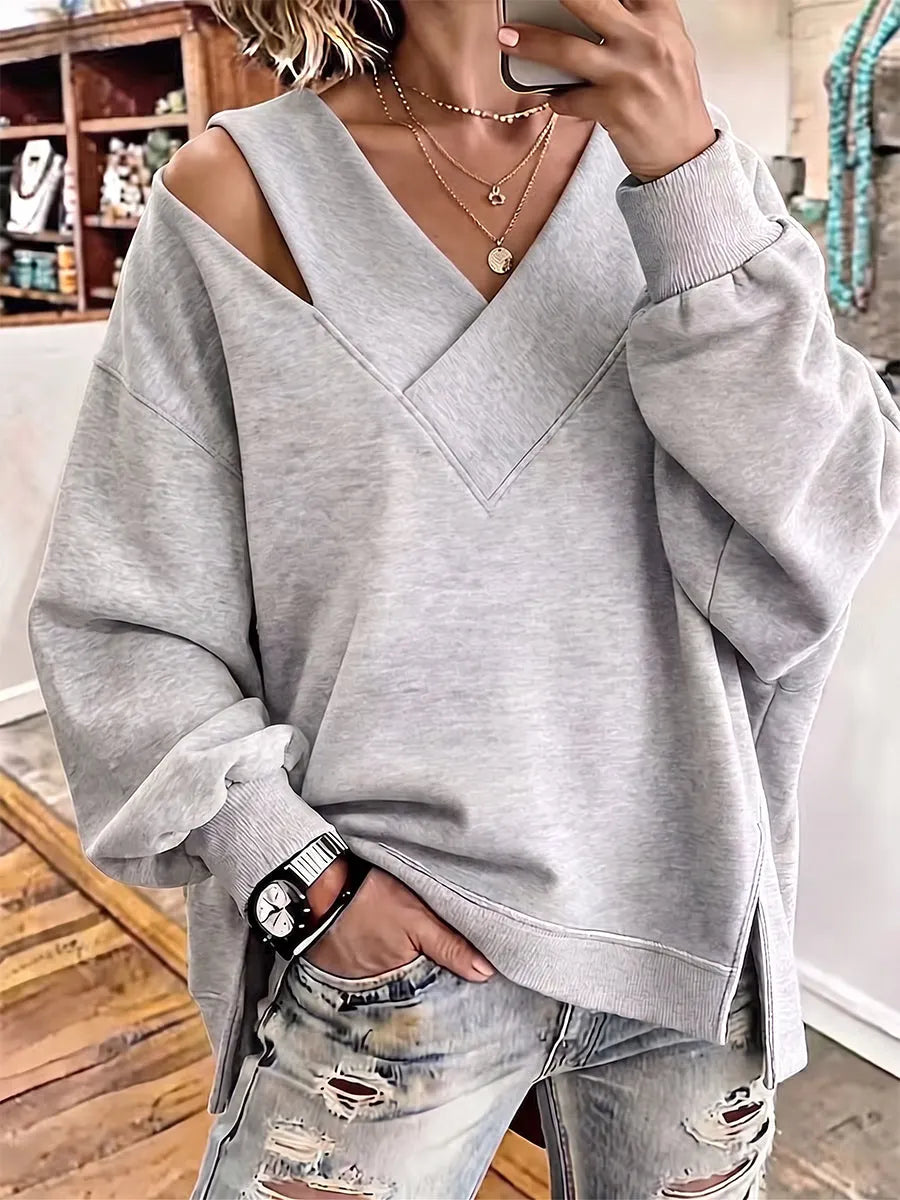 Kirstan - Camisola Oversized Elegante com Decote em V e Aberturas