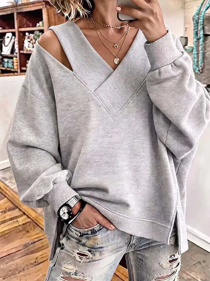 Kirstan - Camisola Oversized Elegante com Decote em V e Aberturas