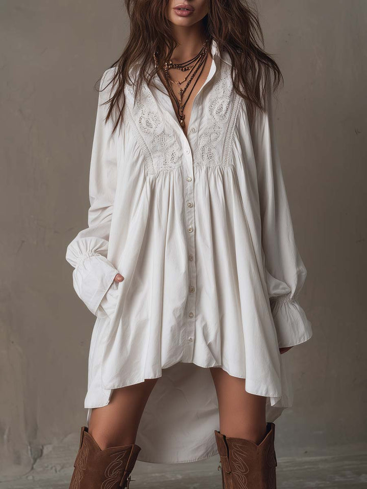 Amparo - Vestido-camisa de manga Comprida com Bainha Irregular