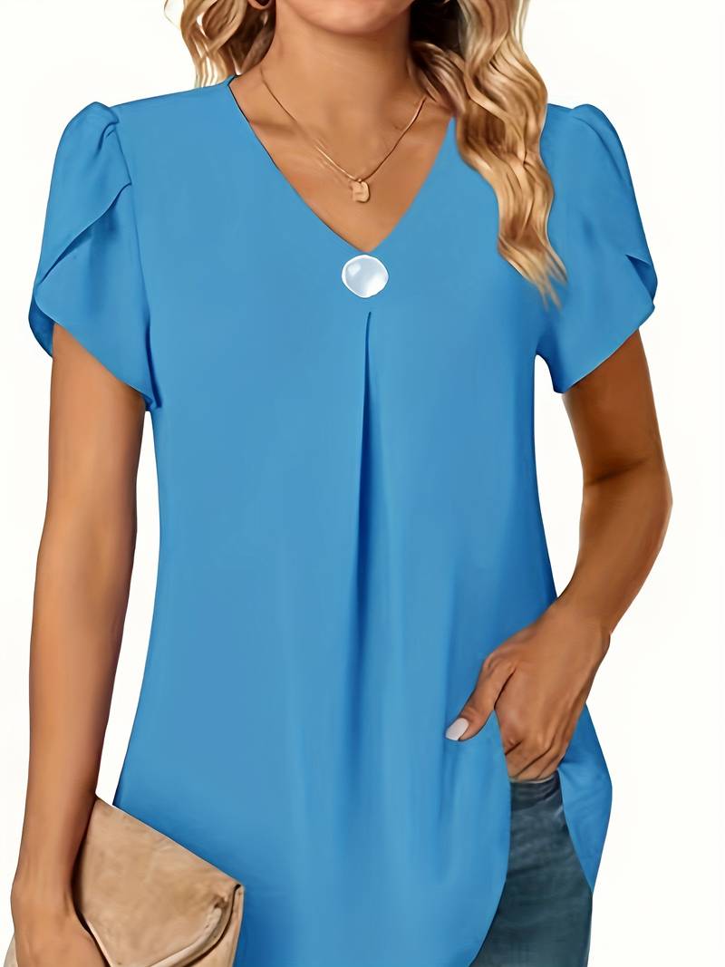 Thilakshi - Blusa de Manga Curta Com Folhos e um Unico Botão