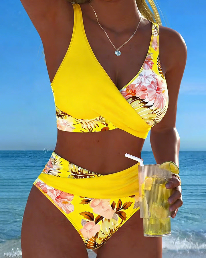 Hinari - Conjunto de Biquíni Floral de Cintura Alta