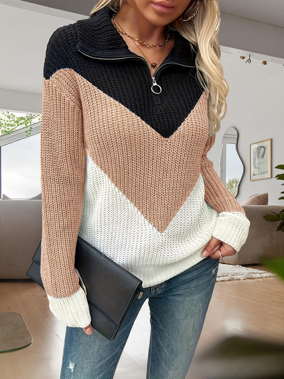 Fagina - Camisola Elegante De Malha Com Meio Fecho