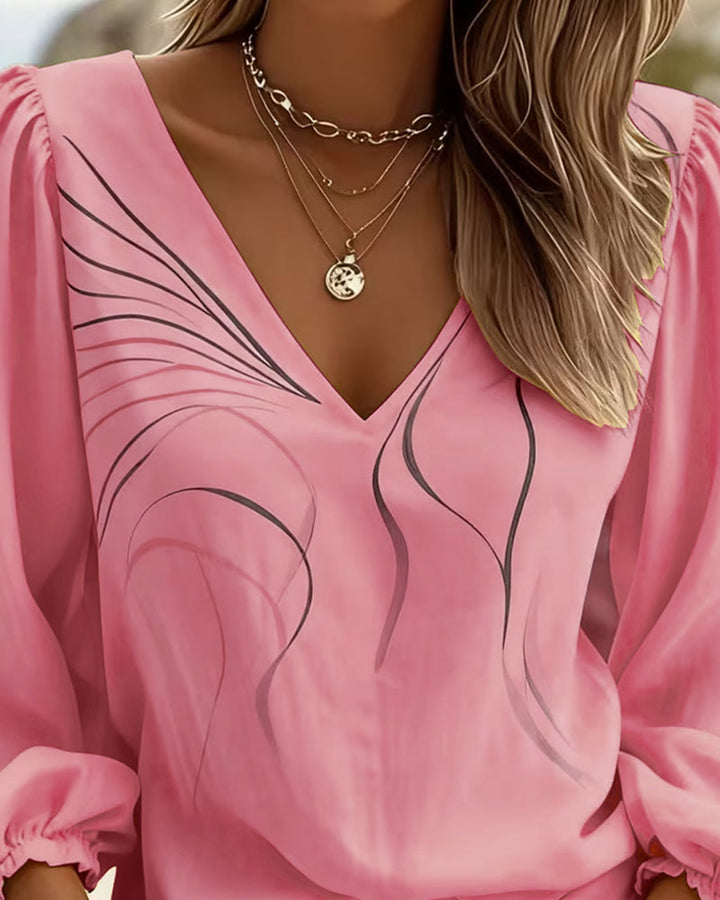 Solyna - Blusa Estampada Com Decote Em V E Mangas Bufantes