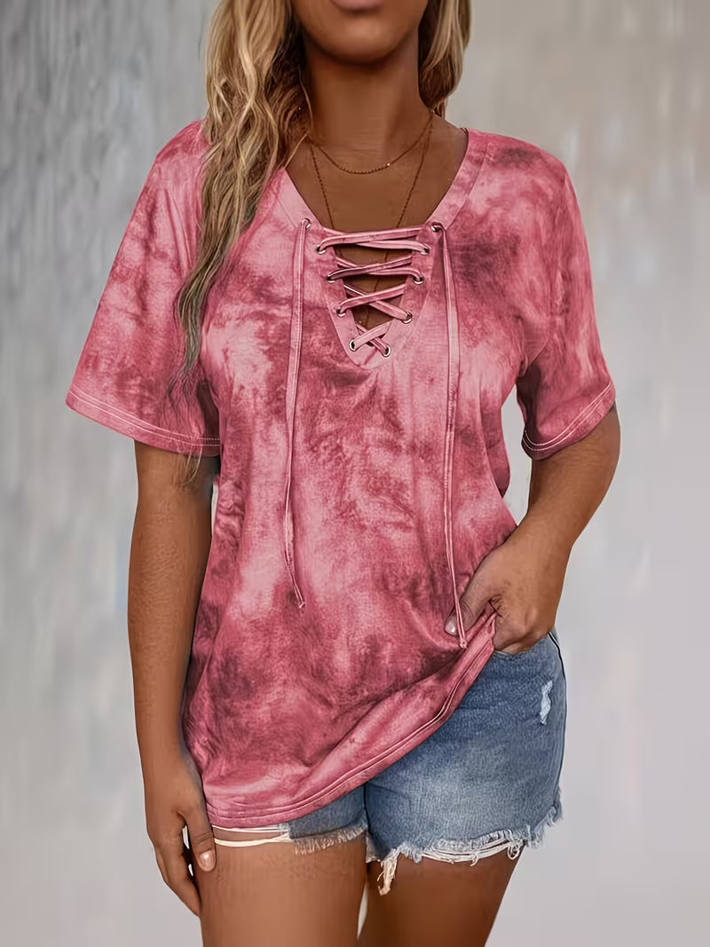 Rihanna - Camiseta Com Decote Em V e Cordões Em Estilo Batik
