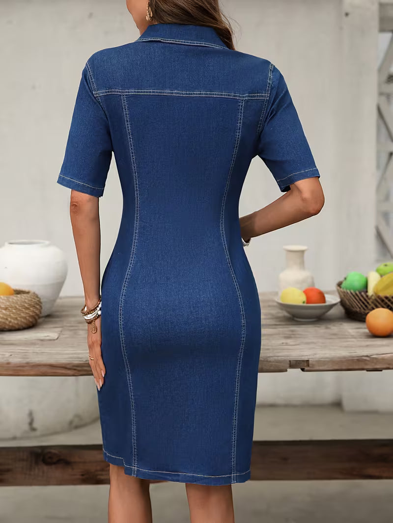 Serila - Vestido Vintage Em Ganga Com Fecho Frontal