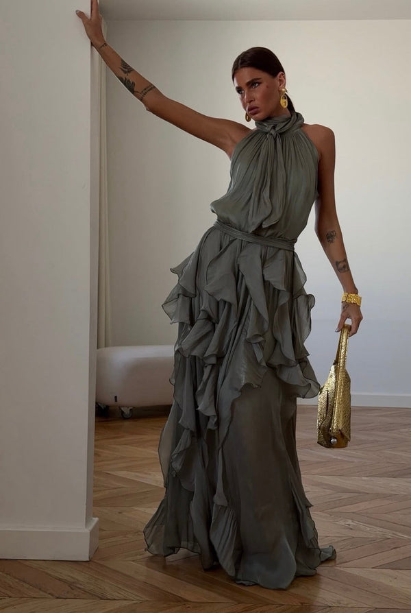 Nataly - Vestido Maxi Com Folhos Em Cascata