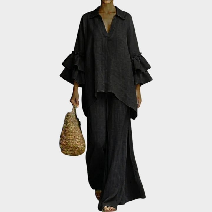 Fien - Top Elegante De Linho E Calças Largas E Folgadas