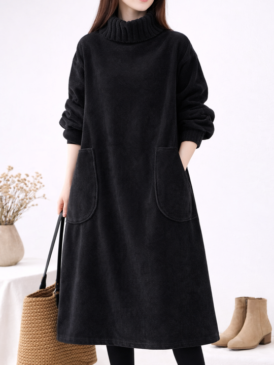 Mohana - Vestido Longo de Veludo Cotelê com Gola Alta