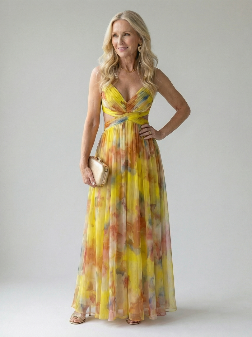 Xeenia - Vestido Maxi Elegante Em Chiffon Com Recortes