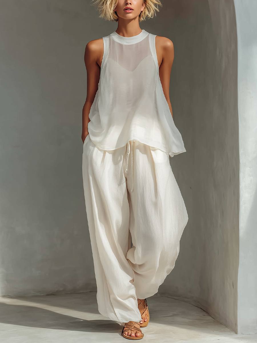 Olivian - Conjunto de top sem Mangas em Chiffon e Calças Largas