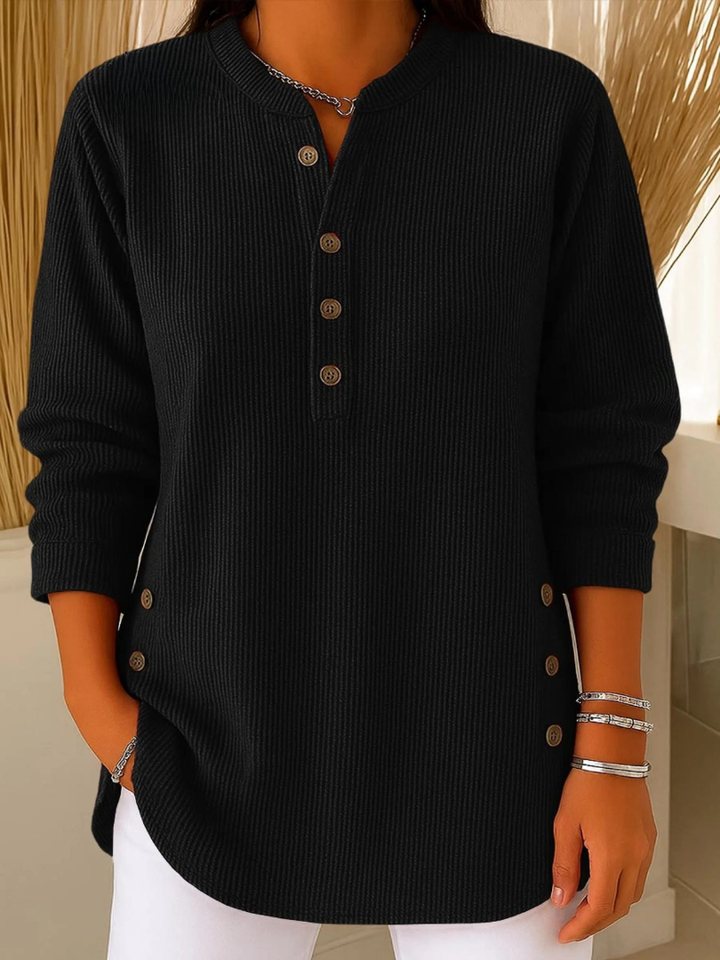 Eshani - Top Henley Casual Com Mangas Compridas Nervuras e Botões