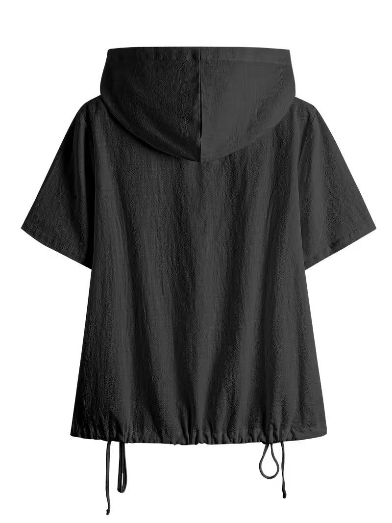 Bouchra - Camisa Folgada De Manga Curta Com Capuz De Cor Lisa E Botões À Frente