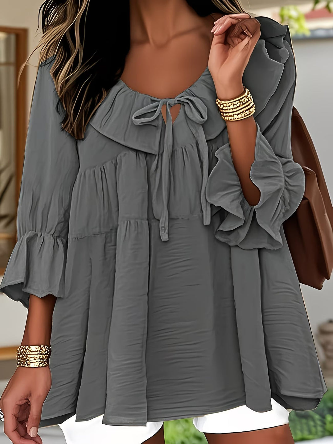 Garbine - Blusa Elegante Com Gola Com Folhos