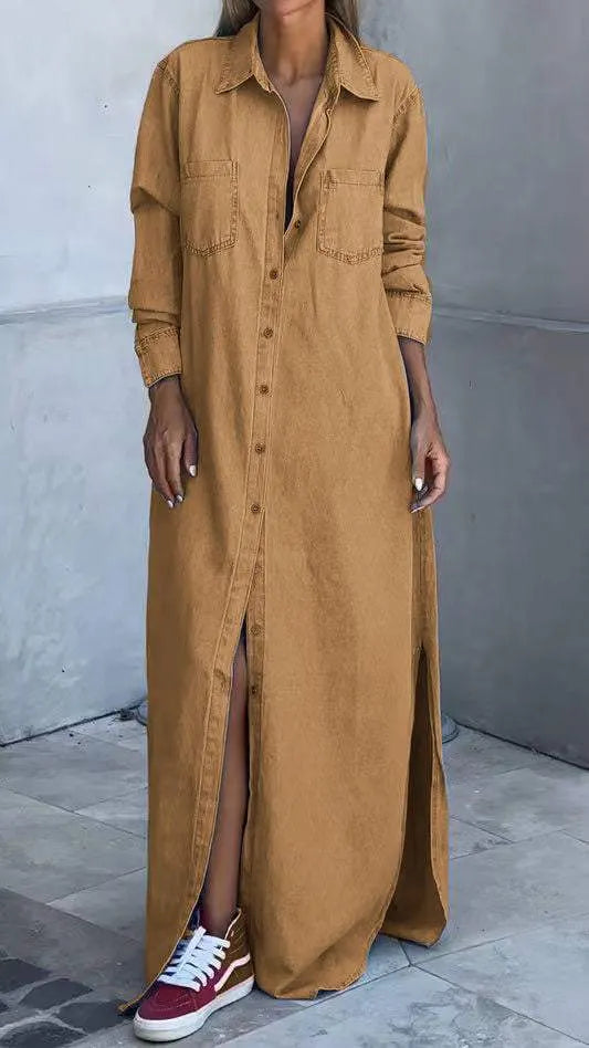 Chondona - Vestido De Ganga Com Mangas Compridas E Lapelas