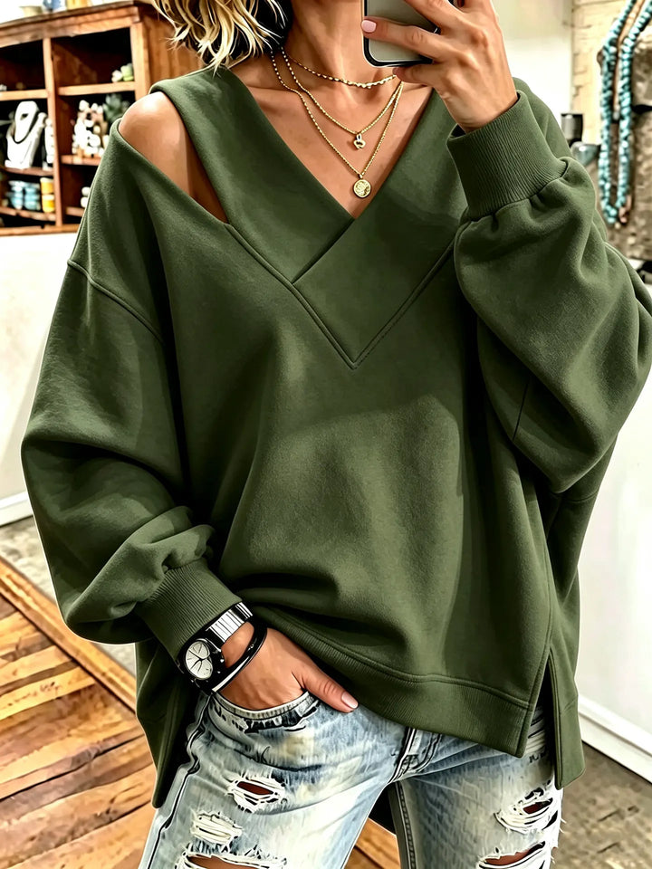 Kirstan - Camisola Oversized Elegante com Decote em V e Aberturas