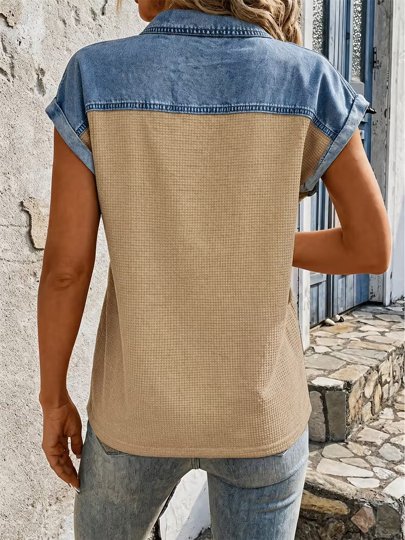 Haily - Top Casual de Ganga Com Gola em Patchwork e Manga Curta