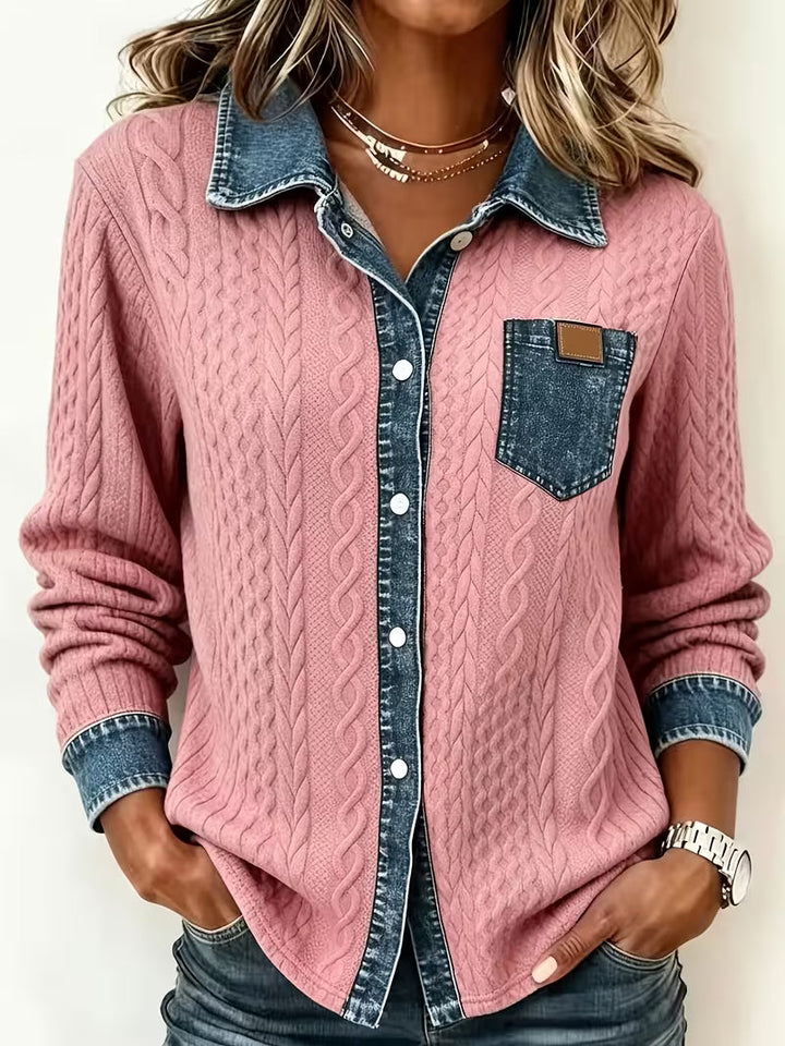 Eryna - Camisa de Manga Comprida em Malha Trançada Com Gola em Ganga