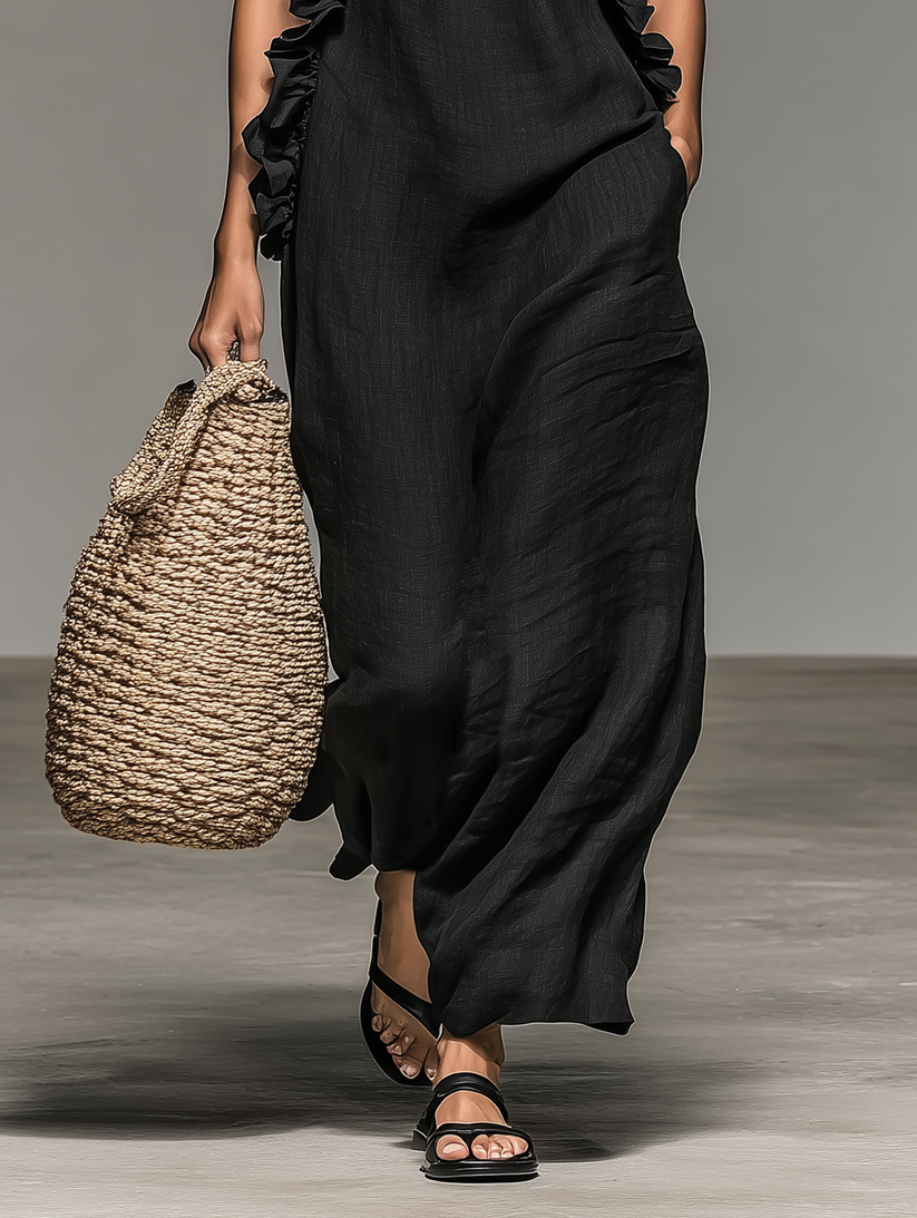Fiora - Vestido Longo SEM Mangas, Com Babados, Decote Halter E Bolsos
