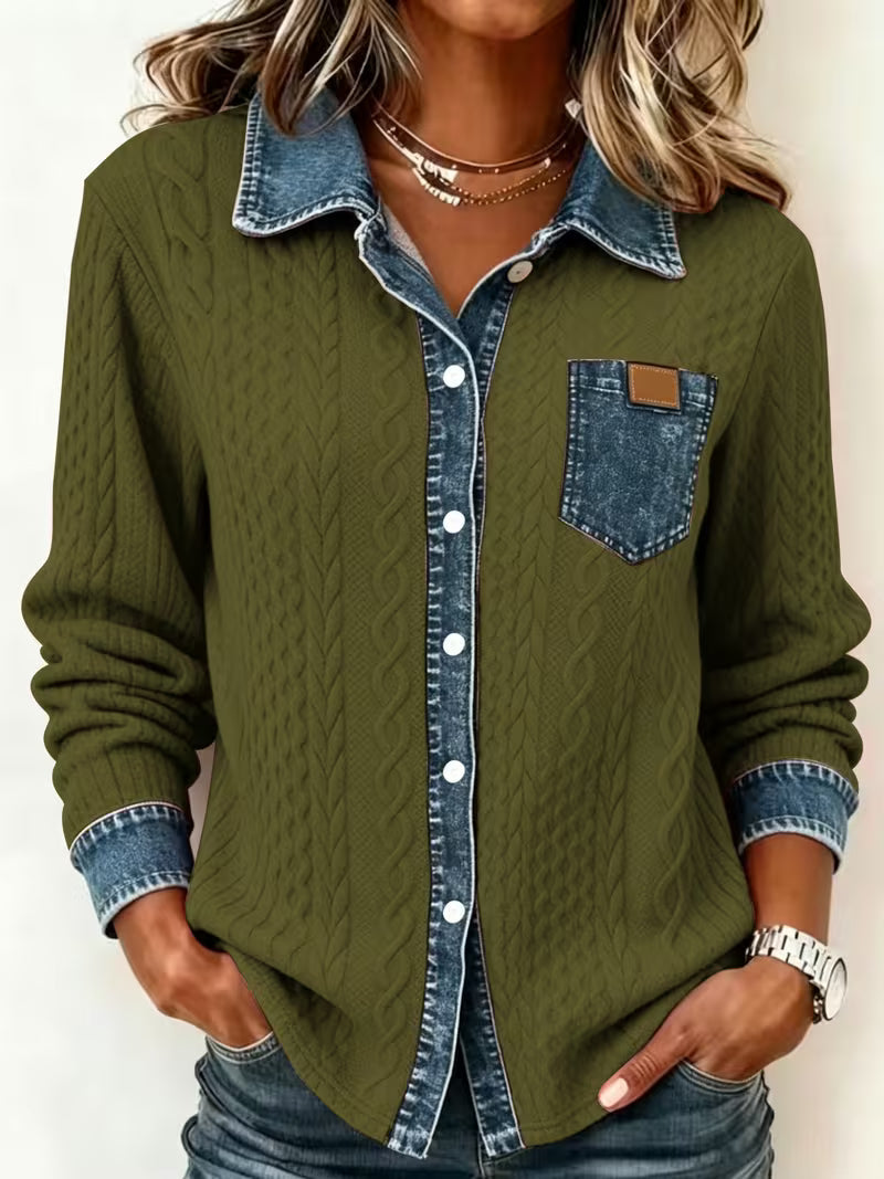 Eryna - Camisa de Manga Comprida em Malha Trançada Com Gola em Ganga