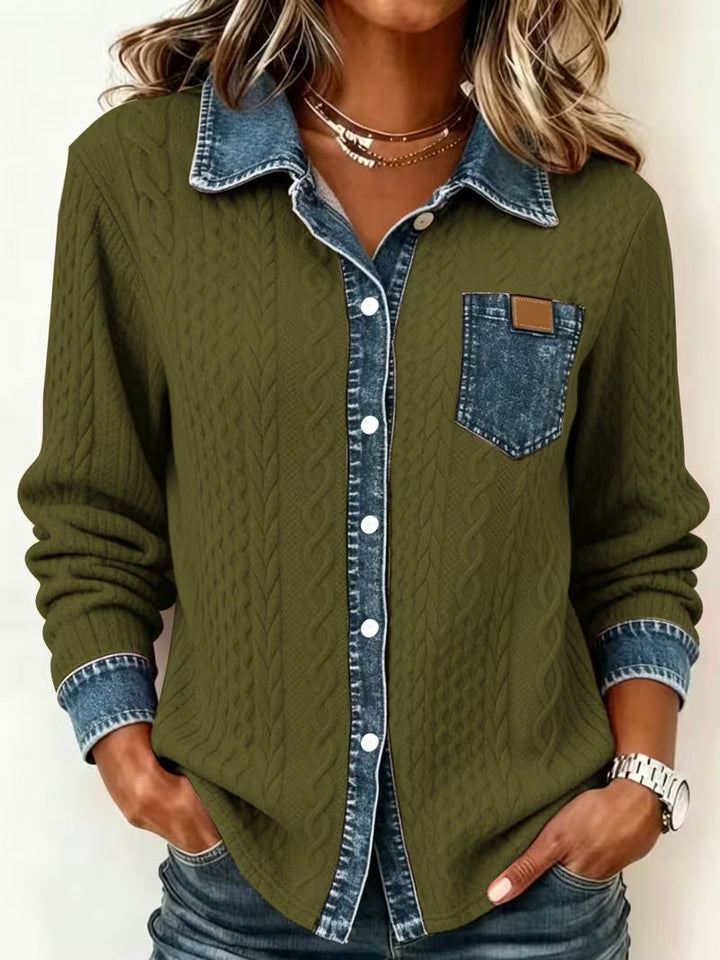 Eryna - Camisa de Manga Comprida em Malha Trançada Com Gola em Ganga