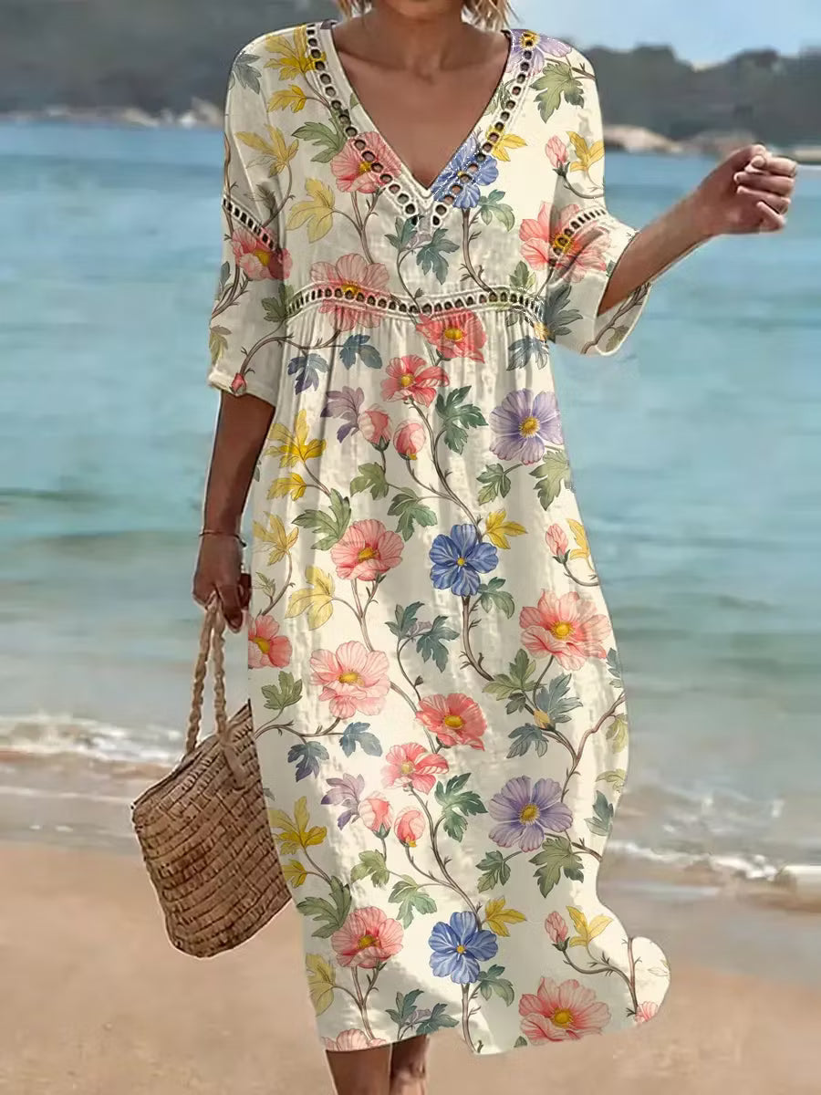 Nona - Vestido De Algodão E Linho Com Estampado Floral