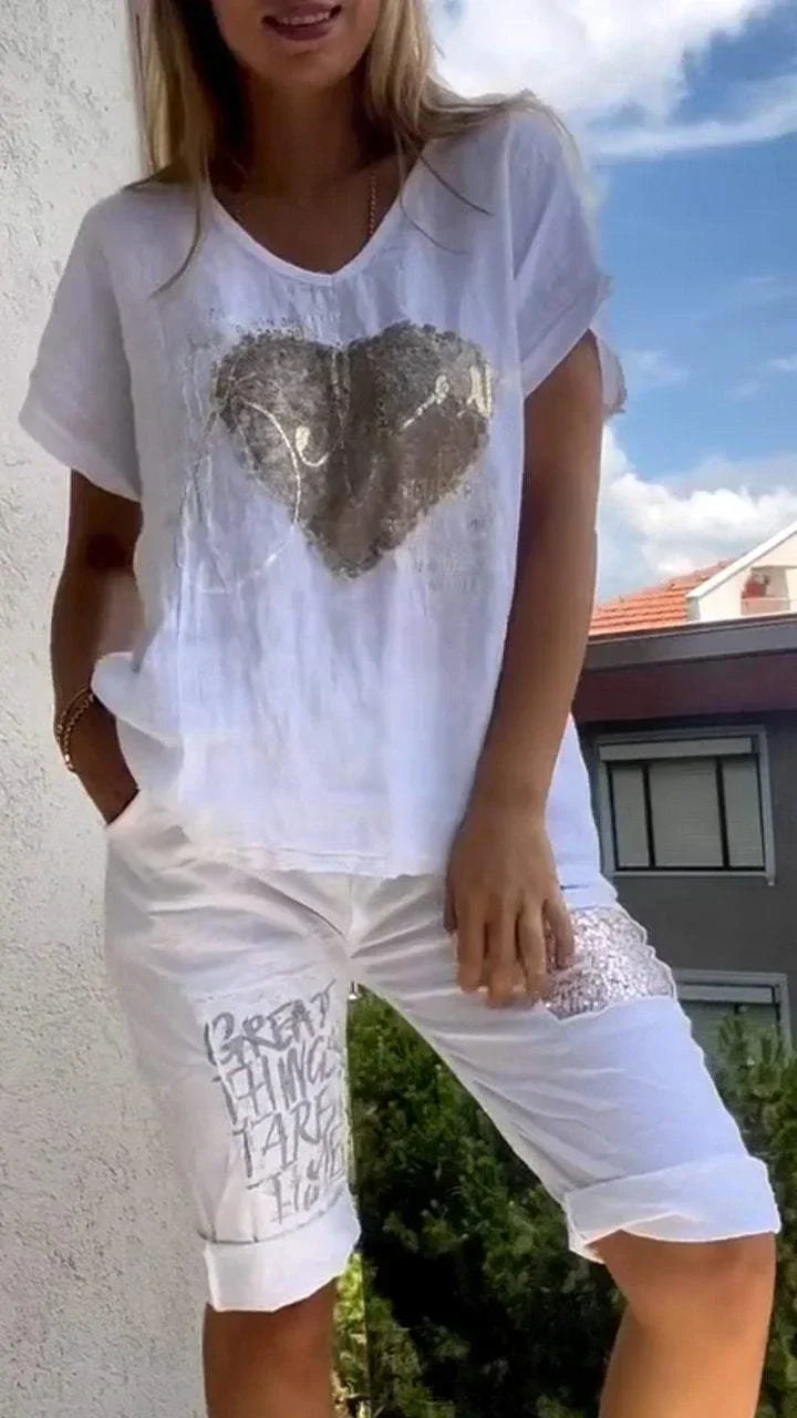 Varessa - Conjunto casual de Duas peças com Decote em V e Estampagem Dourada