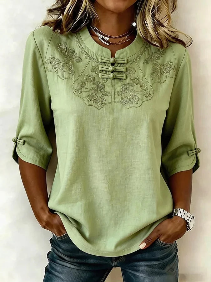 Nozilia - Top Em Algodão e Linho Com Estampado Floral