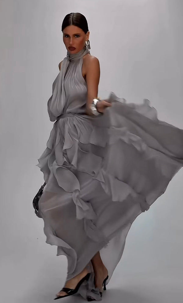 Nataly - Vestido Maxi Com Folhos Em Cascata