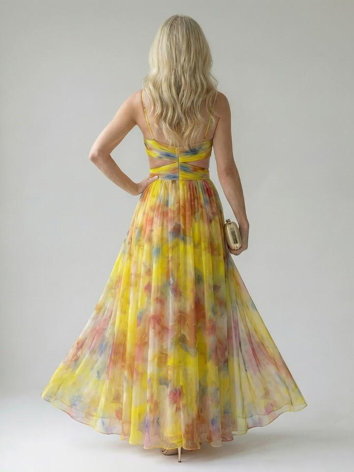 Xeenia - Vestido Maxi Elegante Em Chiffon Com Recortes