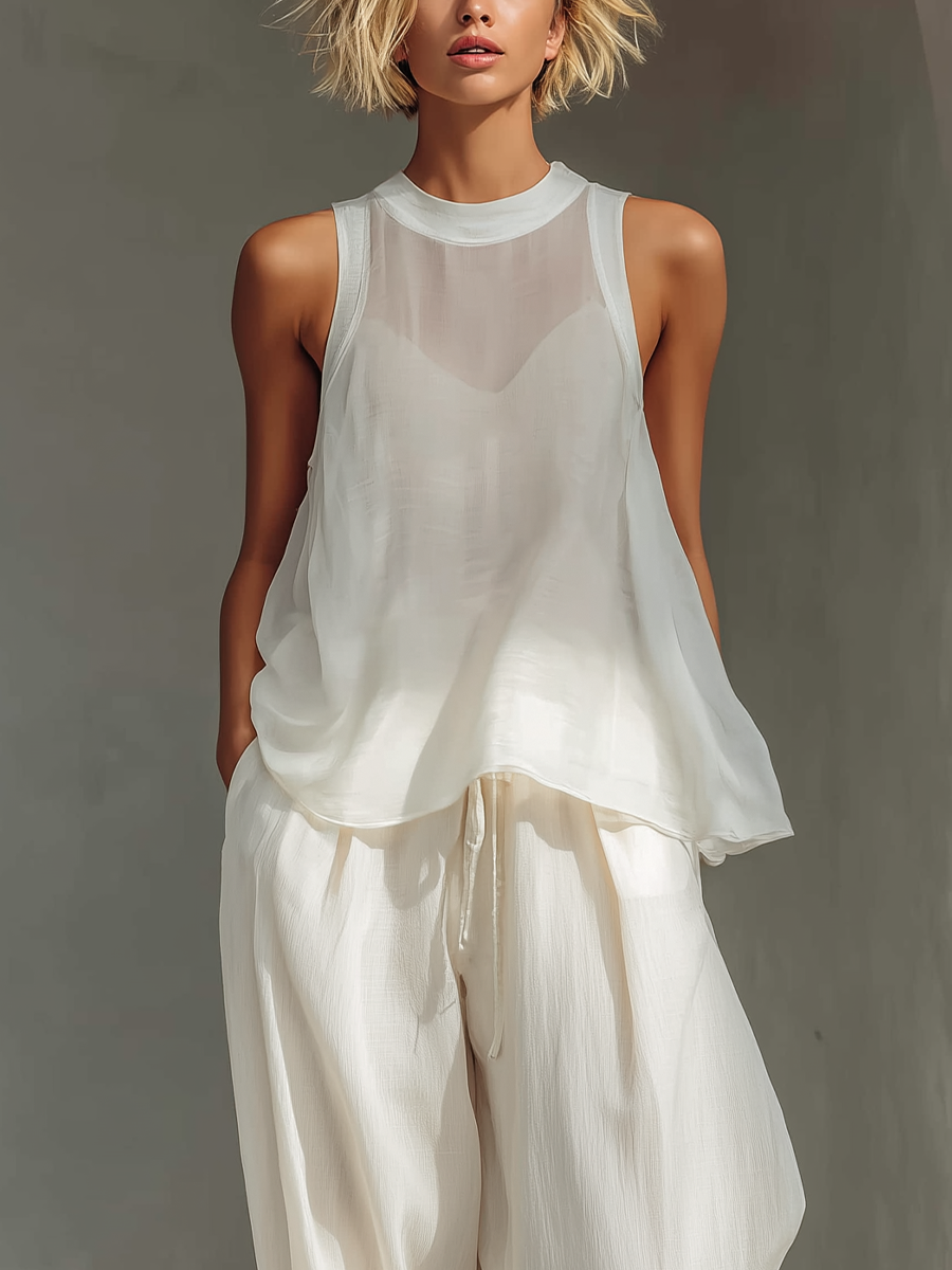 Olivian - Conjunto de top sem Mangas em Chiffon e Calças Largas