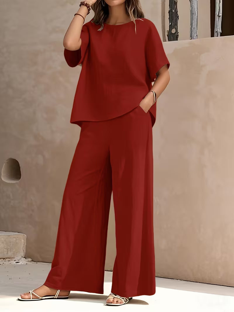 Josy - Conjunto de Camisa de Manga Curta e Calças de Perna Larga
