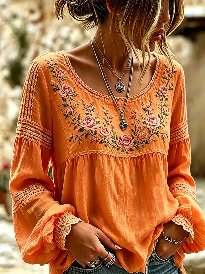 Esraa - Blusa De Linho Com Gola Bordada Com Motivos Florais