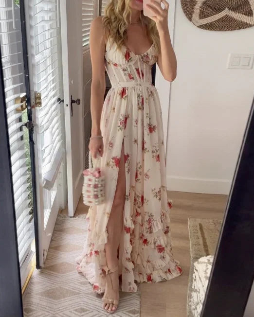 Vincena - Vestido Maxi Floral Com Bainha Com Folhos