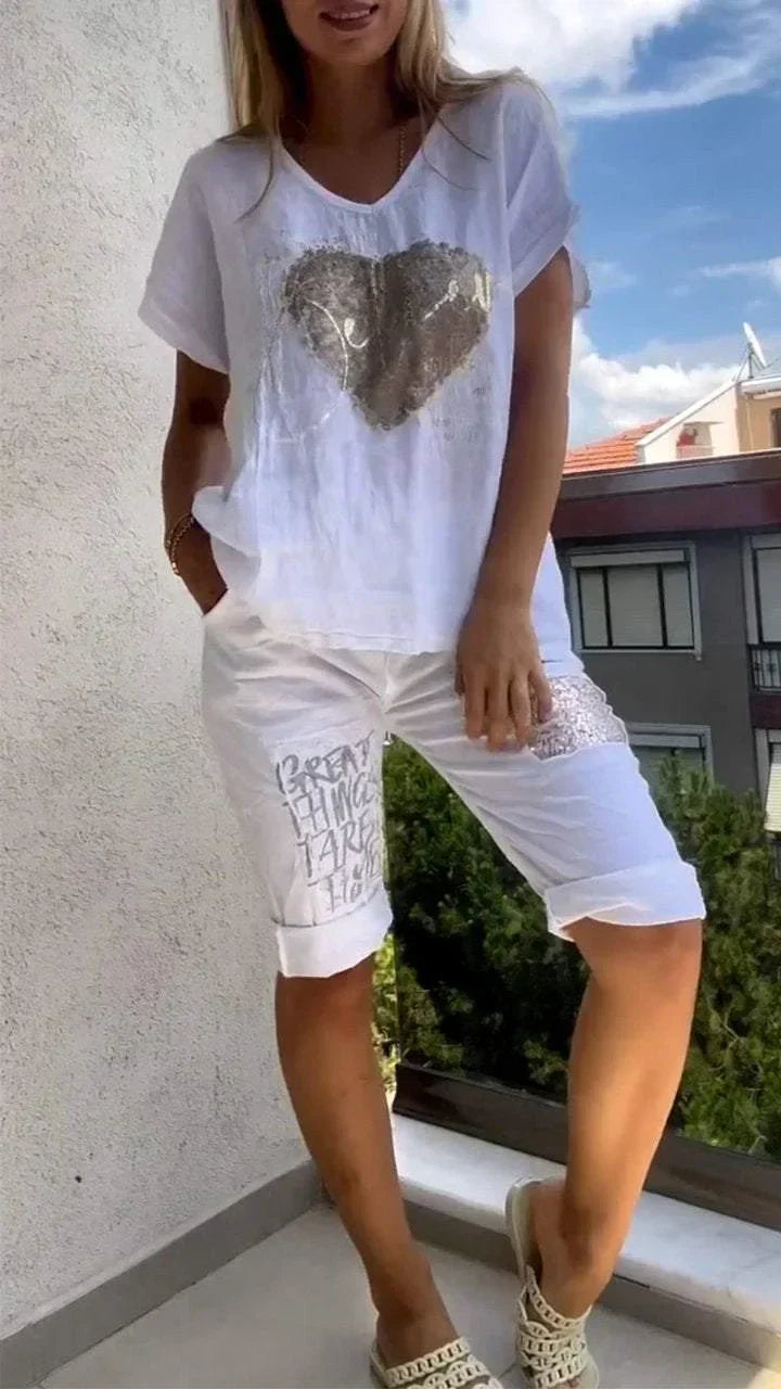 Varessa - Conjunto casual de Duas peças com Decote em V e Estampagem Dourada