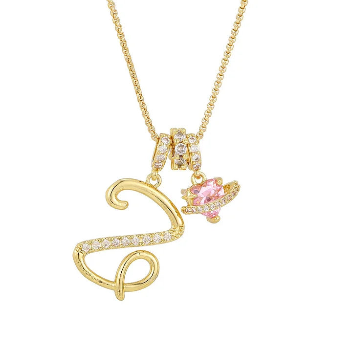 Nerute - Colar Com Inicial e Pingente em Forma de Coração Rosa