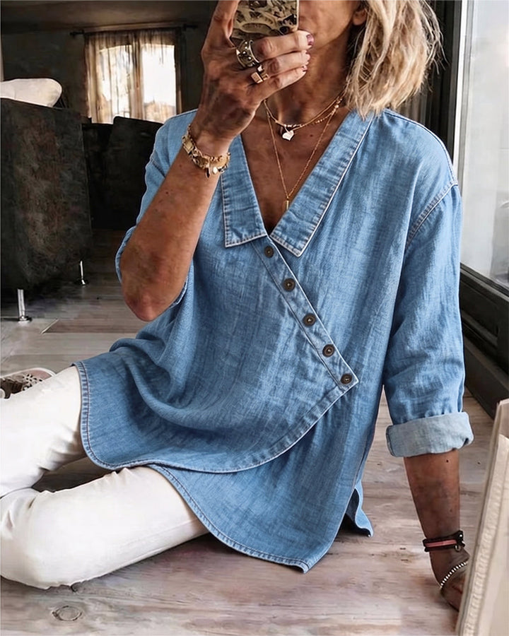 Olizia - Blusa Lisa Com Gola Diagonal Com Botões