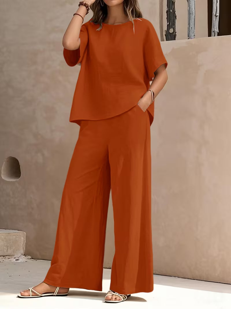 Josy - Conjunto de Camisa de Manga Curta e Calças de Perna Larga