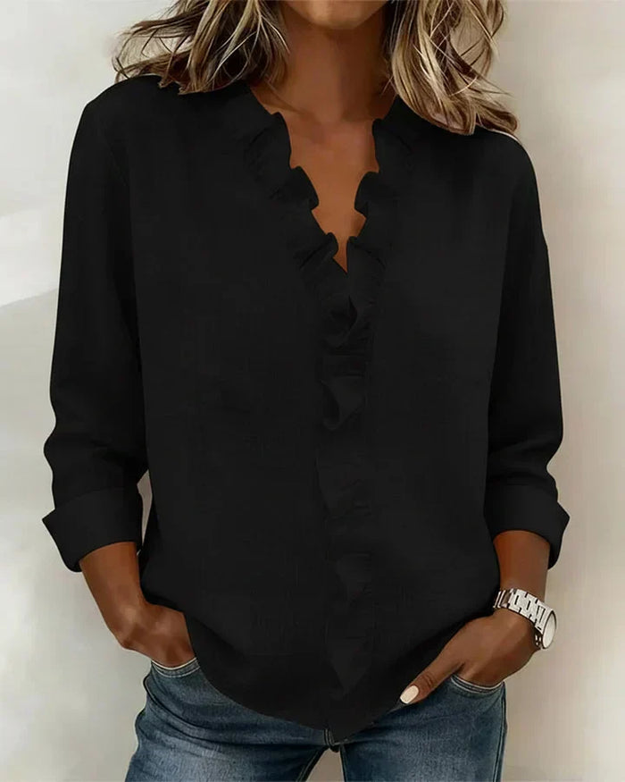 Pabasari - Blusa Elegante Com Decote em V e Babados Delicados