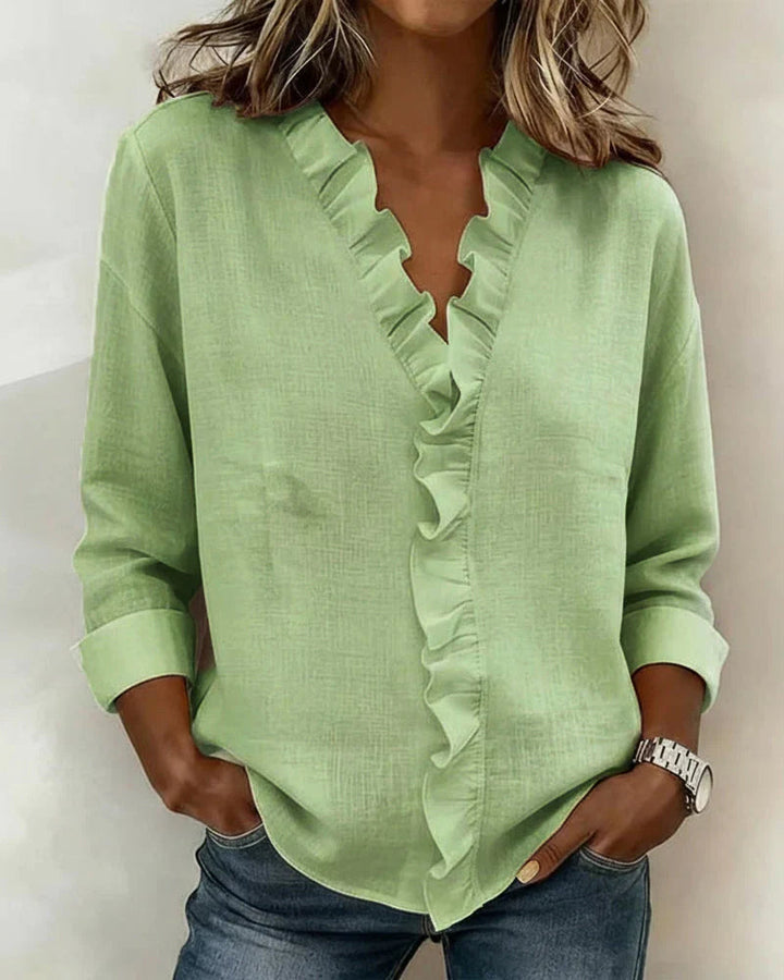 Pabasari - Blusa Elegante Com Decote em V e Babados Delicados