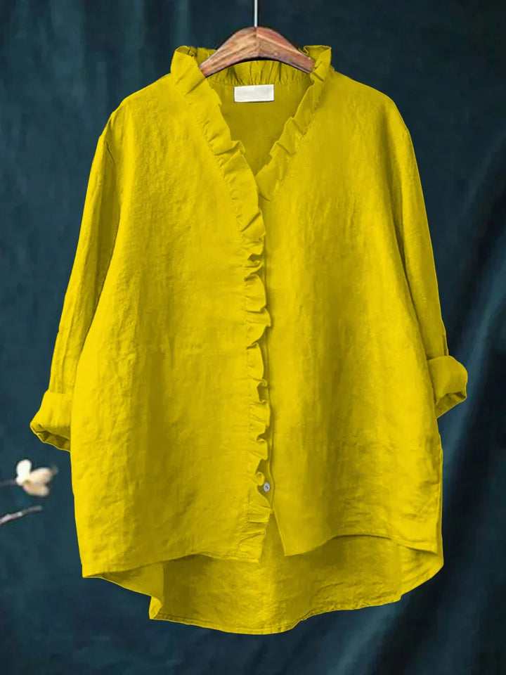 Sanela - Camisa Casual de Algodão e Linho com Folhos