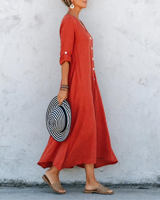Lizie - Vestido Comprido Com Decote Em V E Botões