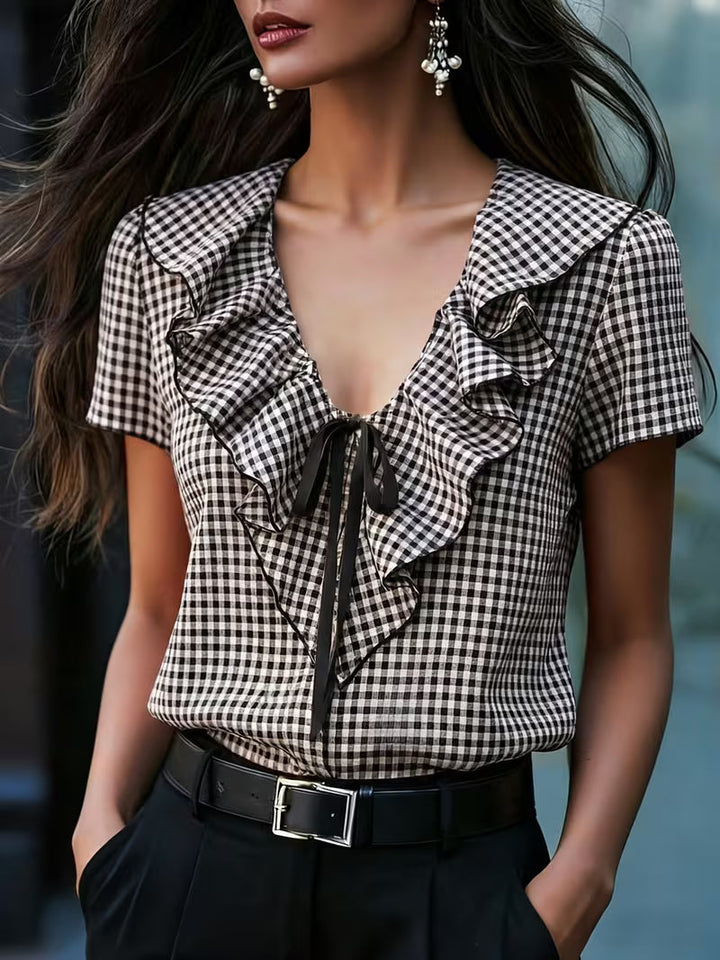 Aliyia - Blusa Xadrez Com Babados e Laço no Pescoço