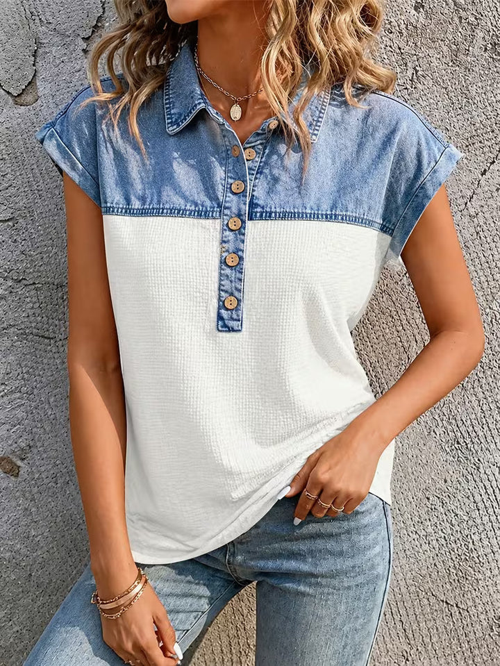 Haily - Top Casual de Ganga Com Gola em Patchwork e Manga Curta